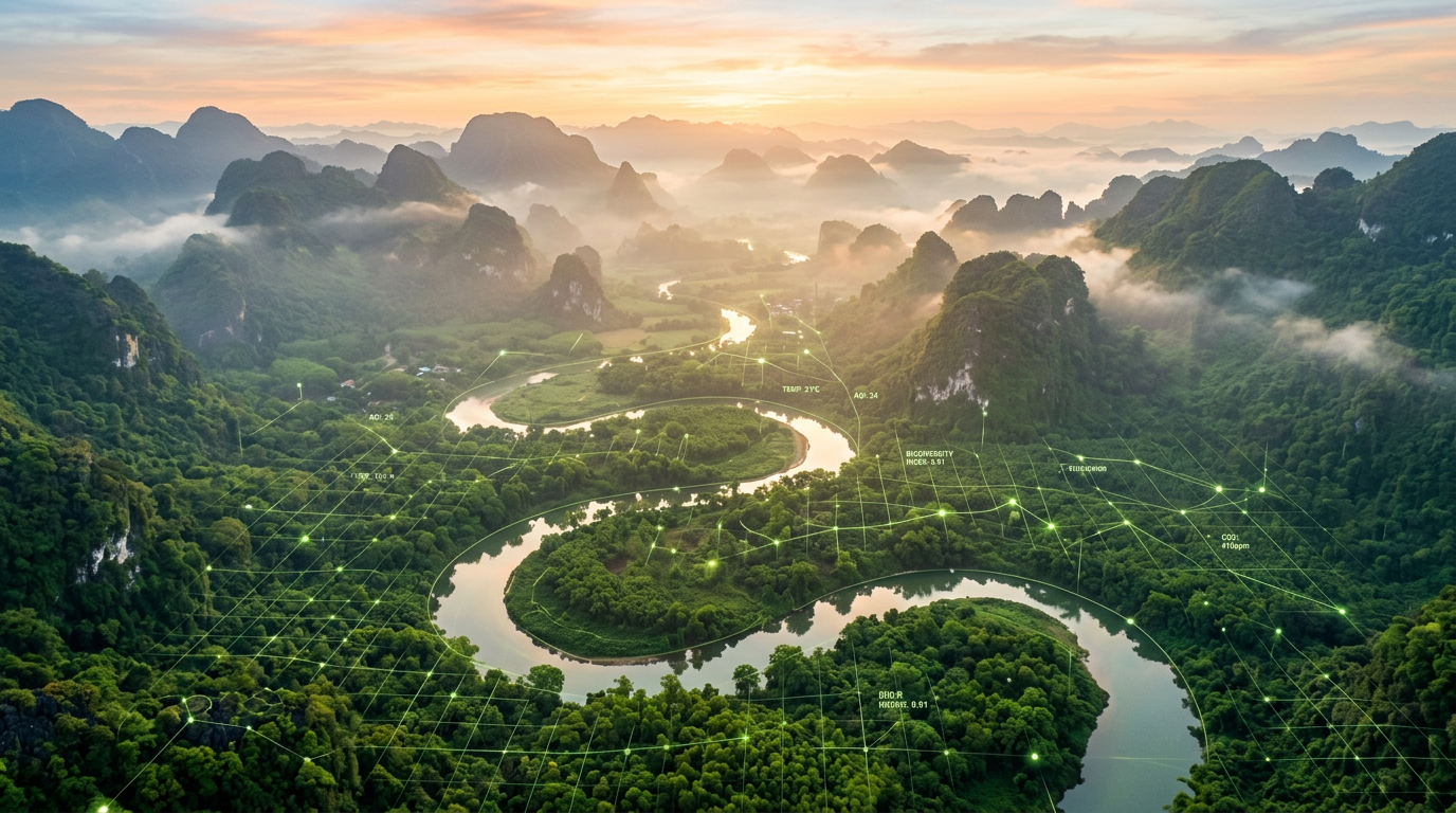 Ảnh chụp từ trên cao khu rừng nhiệt đới Việt Nam với lưới dữ liệu giám sát AI